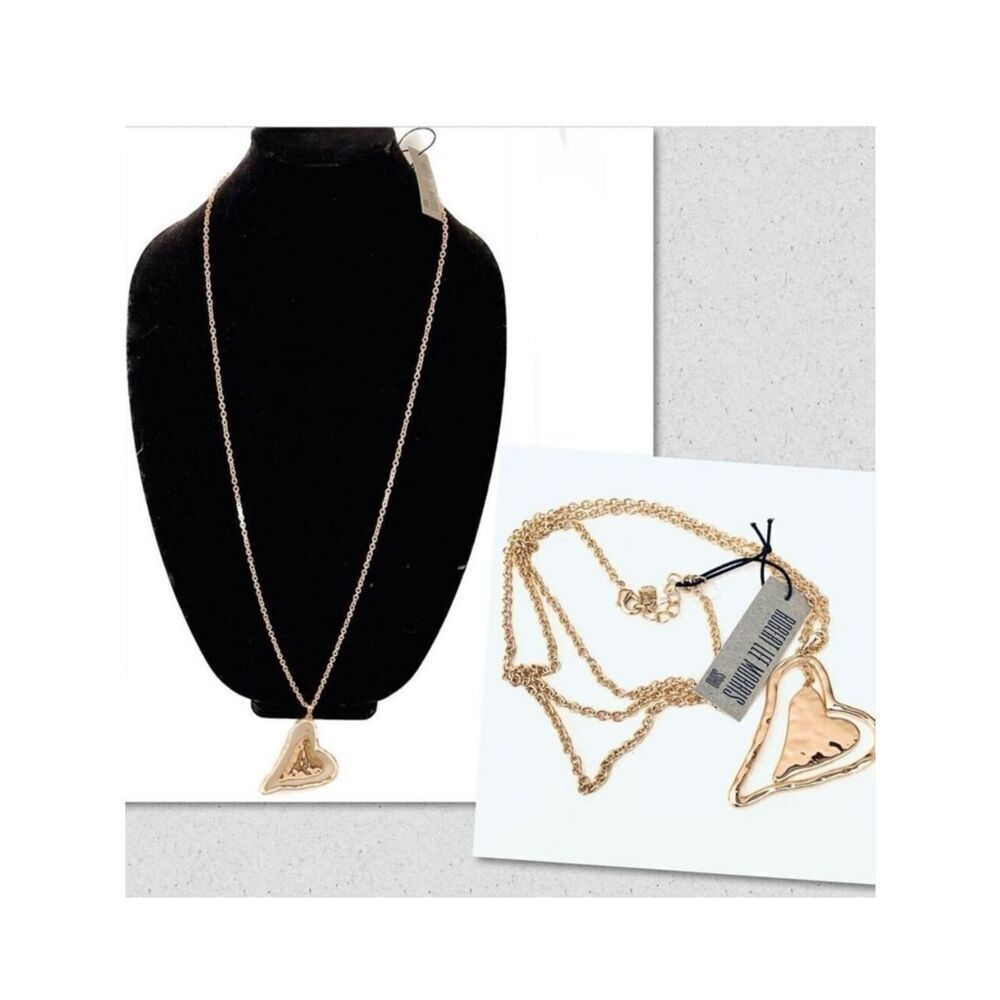 NWT Gorgeous Robert Lee Morris Super Long Shinny Gold Big Double Heart Necklace
